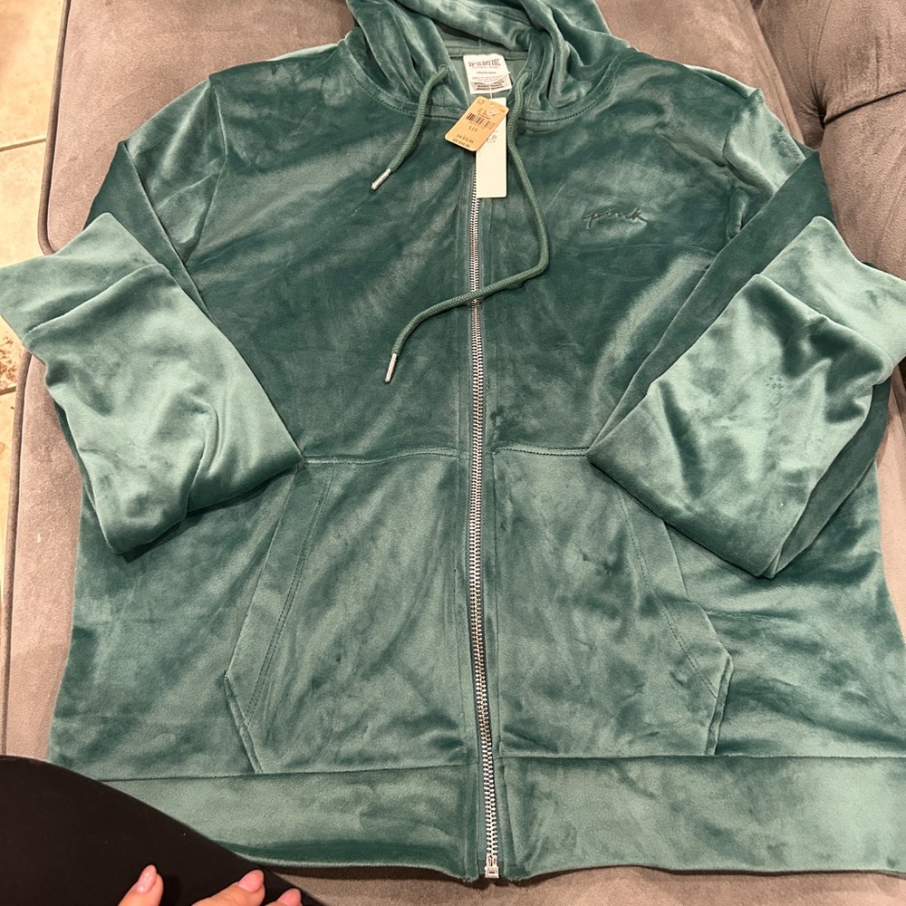 Green Velour Zip-Up Hoodie